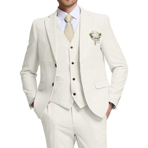 High-End Suits 2024 Ivory Mens Linen Tuxedo Suits Groomsmen Suits for Wedding Blazer Jacket Waistcoat Trousers Set M