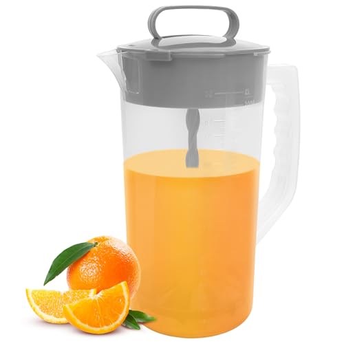 1 Pack Mixing Pitcher for Drinks 2 Quart/ 64oz Plastic Water Pitcher with LidEasy-Mix Juice ContainerAngled Plastic Blades and Adjustable Mixer Plunger for Mix Juice Milk Tea Beverage Container