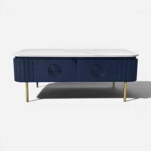 Image of Solid Wood Mandala Center Table with Sintered Stone Top for Living Room |Premium Acrylic Midnight Blue Finish | 115 cm (W) x 60 cm (D) x 45 cm (H)