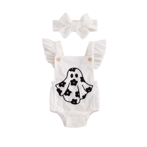 Image of Muasaaluxi Newborn Baby Girl Halloween Outfit Ruffle Fly Sleeve Ghost Embroidery Romper Corduroy Bodysuit Headband 0-18M