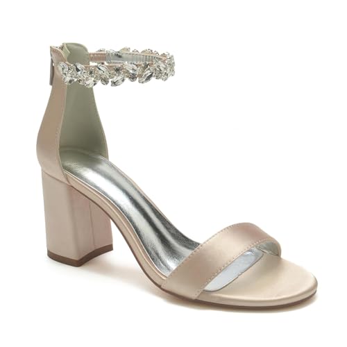 Women's Open Toe Chunky Block High Heel Crystal Wedding Shoes Evening Prom Dance Party Ankle Strap Dress Pump Shoes Sandals