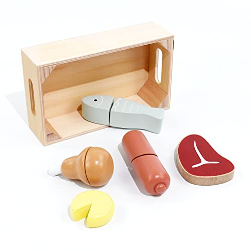 image for PairPear Wooden Play Food Cutting Meat Set - Wooden Toys for Toddlers 