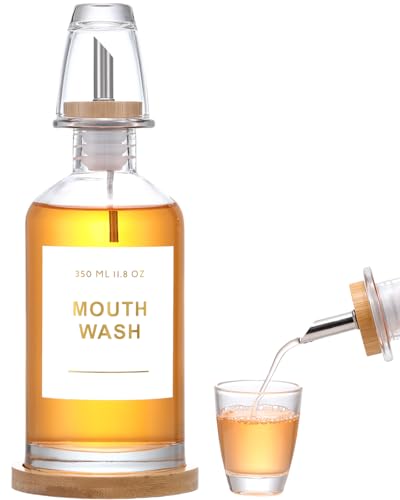 BONLONG 11.8OZ Glass Mouthwash Dispenser for Bathroom with Stainless Steel & Bamboo Nozzle Mouthwash Cup Reusable Bamboo Tray and Elegant Gold Sticker.Clear