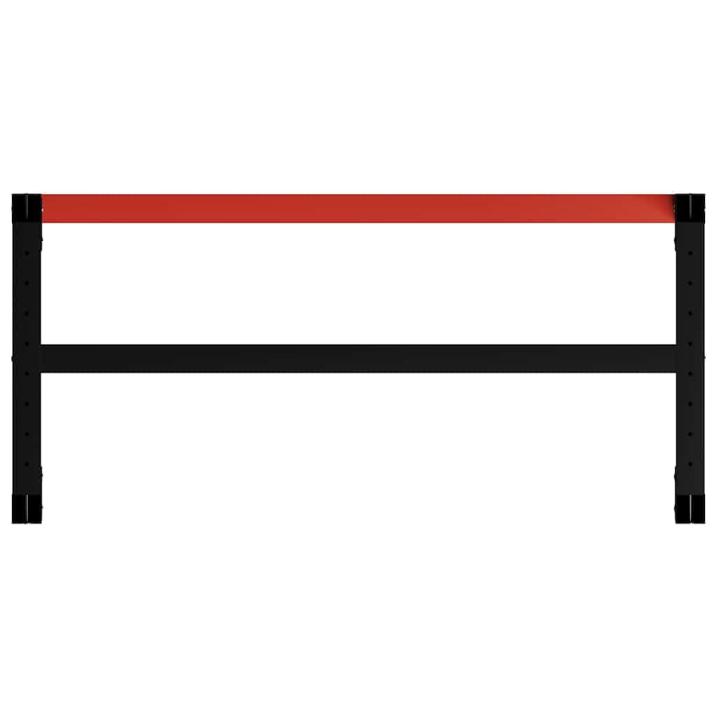 Genérico Marco de banco de trabajo de metal resistente negro y rojo 120 x 57 x 79 cm, soporte sólido con barras reforzadas para taller, superficie personalizable con agujeros pretaladrados,