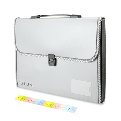 Image of GLUN Expanding File Folder A4 Size, 13 Pockets with Handle & Buckle Lock, Portable Document Storage Organiser for Office Use (Grey)