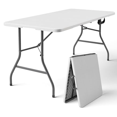 YOEVU - Mesa Plegable de Plástico 152 CM Tipo Maleta con Asa para Transporte Fácil, Resistente y Portátil, Capacidad para 4-6 Personas, Ideal para Interior y Exterior, Color Blanco