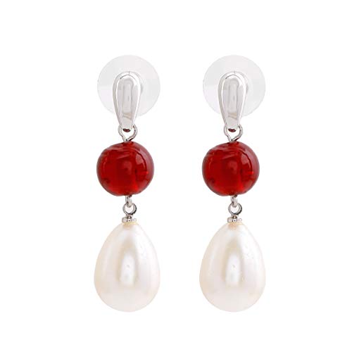 Rhodium Ruby Bead Pearl Drop Earrings