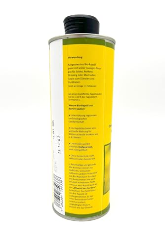 Bio-Rapsöl nativ 500 ml, kaltgepresst, angebaut und abgefüllt in Oberbayern, Naturland Landwirtschaft, für eine vegane und glutenfreie Ernährung geeignet