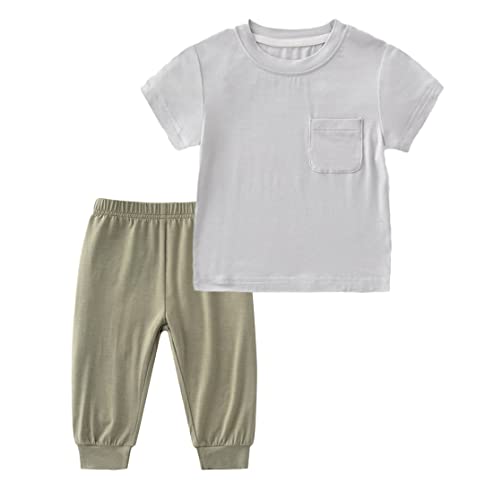 SUZEL Baby Boys Viscose from Bamboo Clothes Set Infant Toddler Summer 2-Piece Short Sleeve and Pant Set Playwear(Grey & Light Green, 18-24 Months)