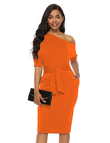 Image of Nature Comfy Elegant Womens Wear to Work One Shoulder Belted Pencil Dress