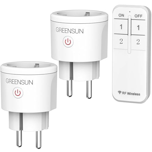 GreenSun Lot de 2 Prises Télécommandées Sans Fil 16A avec 1 Télécommande, Portée jusqu’à 30 m en Champ Libre, Prises Électriques avec Commande à...