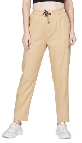 Image of TWGE - Women's Mid Rise Straight Fit Pants - Relaxed Fit Cotton Trousers with Drawstring Waist - Lightweight Everyday Wear