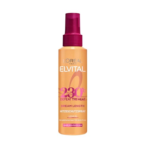 L'Oréal Paris Elvital Hitzeschutzspray für langes, glattes Haar, Leave-In Haarkur gegen Frizz, Ohne Ausspülen, Mit Vitaminen und Rizinusöl, Dream Length Defeat The Heat, 1 x 150 ml