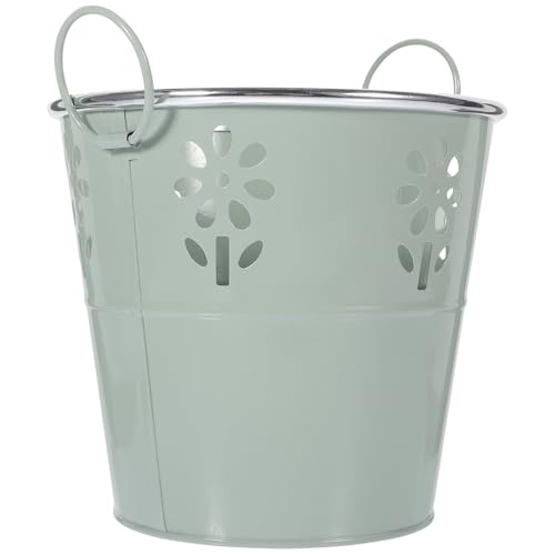 FRCOLOR Cubo Contenedor de Plantas de Hierro Rústico Diseño Hueco Vintage, Macetero Decorativo Gris Azul Tamaño 16x14.5x11 Cm para Jardín y Uso Interior Mango de Hierro