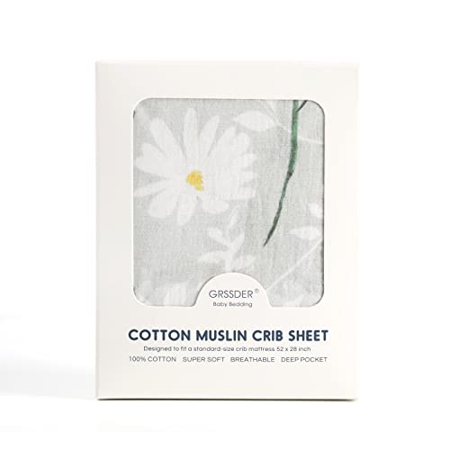 Image of GRSSDER Soft Muslin Crib Sheet 1 Pack, 100% Cotton Crib Sheets for Boys and Girls, Fit Standard Crib Mattresses 52 inch x 28 inch Safe and Snug, Stylish Daisy Print