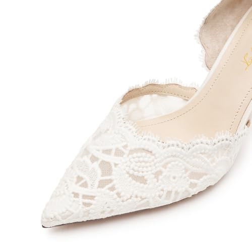 FOWT Women Pointed Toe D'Orsay Pumps Slip on Kitten Mid Heels Elegant Lace Wedding Prom Evening Shoes Size 4-16 US2