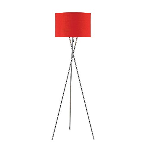 ambiore. Lisboa Tripod Floor Lamp - 62 inch Modern for Living Room Studying Light - Metal Chrome Standing Lamp with Red TC Fabric Shade