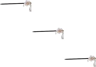 فوميز. 3 قطع من عصي الشعر المصنوعة من خشب اللؤلؤ للشعر الكثيف على شكل زهرة، عيدان طعام عتيقة، دبابيس شعر مزينة بشراشيب، دبابيس شعر مزخرفة للنساء والسيدات ملكة جمال اليابان وكريستال الخيزران