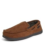 Dearfoams Men's Keaton Memory Foam Moccasin with Wide Widths Slipper, Chestnut Microsuede, Medium