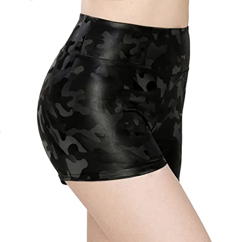Image of ALWAYS Women's Faux Leather Shorts - High Waisted Stretch Sexy Bodycon Short Hot Pants Animal Print Black Medium