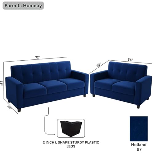 Image of FURNY Homeoy 5 Seater Fabric 3+2 Sofa Set (Blue) with Premium Velvet Finish | Durable Comfort Ideal for Living Room