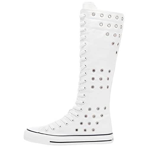 Image of ANUFER Women Fashion Canvas Dance Boots Knee High Bicycling Boots Girls Fancy School Shoes