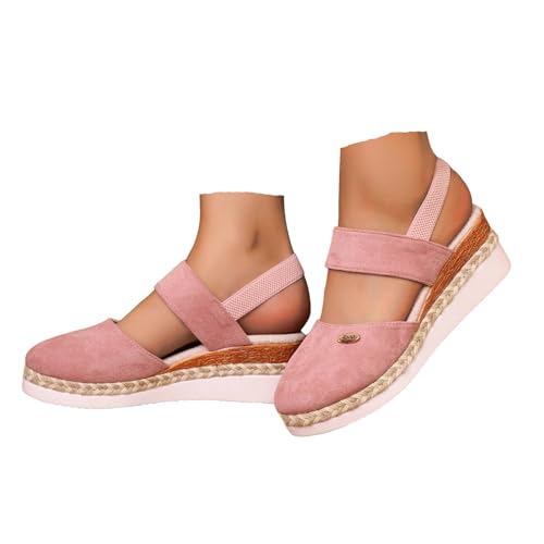 VBEDKDEB Zapatos de cuña para mujer Elegante Cuero Cómodas Alpargatas Frente Cerrado Antideslizante Elástico Slingback Sandalias 2025 Verano Casual Vacaciones Viaje Sandalias con Tiras, Rosa., 37 EU