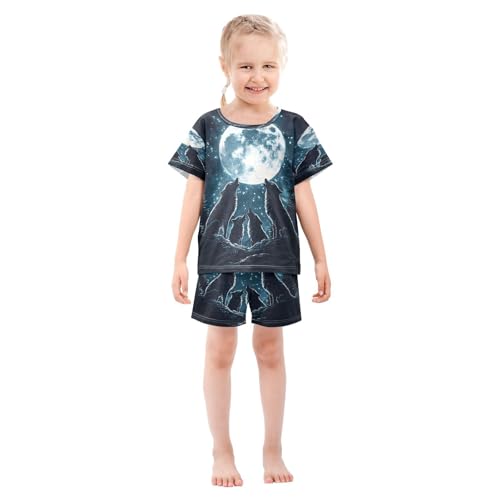 ALAZA Howling Wolf Moon Starry Dark Pajamas Set Short Sleeve Cotton Sleepwear Summer Pjs 2 Piece 5-14Y3