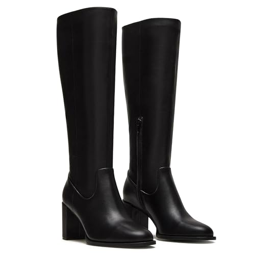 Knee High Boots Women Round Toe Lug Sole Fall Boots Side Zipper Chunky Heels Black Tall Shoes Walking Office Shoes