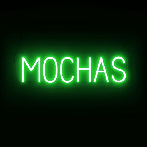 Image of SpellBrite LED Neon MOCHAS Sign for Business - Green, 26 inch x 6 inch | Ultra-Bright Click-Together Signage for Cafes, with Visibility from 500 Feet - 8 Animations, 6 Brightness Settings