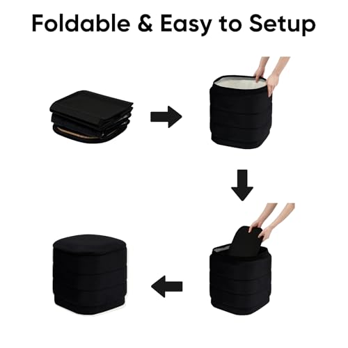 Image of 15 inch Velvet Storage Ottoman with Tray, Foldable Square Ottoman Footrest with Reversible Wood Lid, Collapsible Storage Footstool for Bedroom, Living Room, Dorm, Black