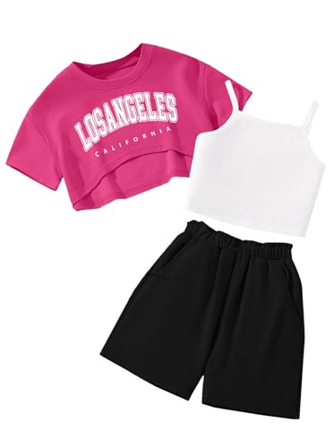 Image of Girl's Summer 3 Piece Outfits Graphic Short Sleeve Crop Top Cami and Shorts Clothes Set Black Pink 11-12Y
