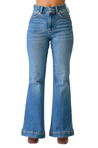 Judy Blue Women's High Waist Flare Jeans – Petite Fit, Tummy Control, Double Button WB, Stretch Denim, Inseam 30