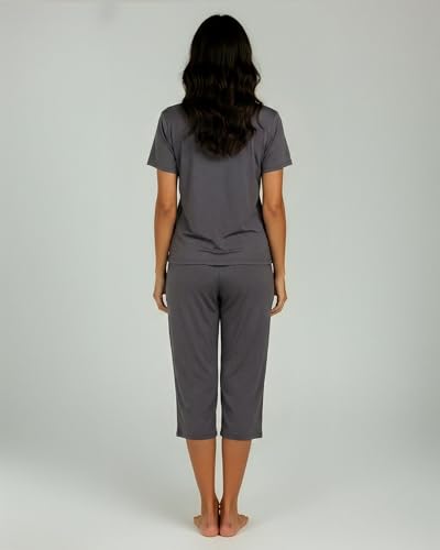 Image of Real Essentials 2 Pack: Womens Pajamas Short Sleeve Sleepwear Tops and Capri Pants Pjs Print Pajama Sets (Available In Plus)