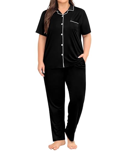 SWOMOG Women's Plus Size Pajama Set Short Sleeve Sleepwear Top and Pants Button Up Pajamas for Women Loungewear