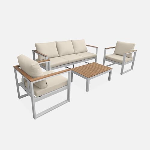 Alice's Garden - Salon de Jardin 5 Places en Aluminium et Eucalyptus – Nazca – Structure Blanche. Coussins Beiges