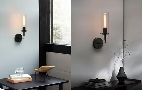 Image of Phansthy Wall Sconces with Switch Set of 2, Modern Bathroom Sconce Wall Lighting Vanity Light with Clear Glass, Wall Mount Lights for Living Room Corridor Mirror Bedroom Stairs (Black 2 Pack)