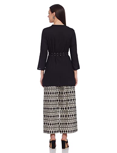 Image of Wishful By W womens Black Mandarin Collar Kurta-Printed Parallel Pants Set