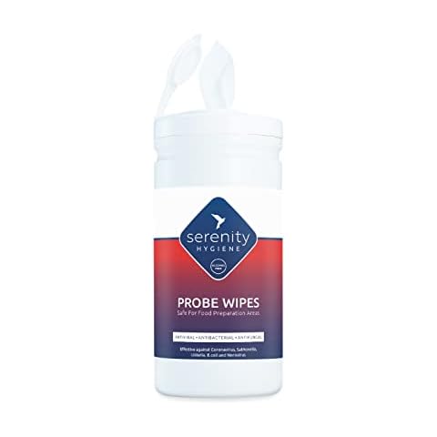 Serenity Hygiene Alcohol Free Probe Wipes for cleaning surfaces & kitchen food probes - Disinfectant food safe wipes - Tub of 150 strong wipes in refillable tub - Pack of 1 Cover