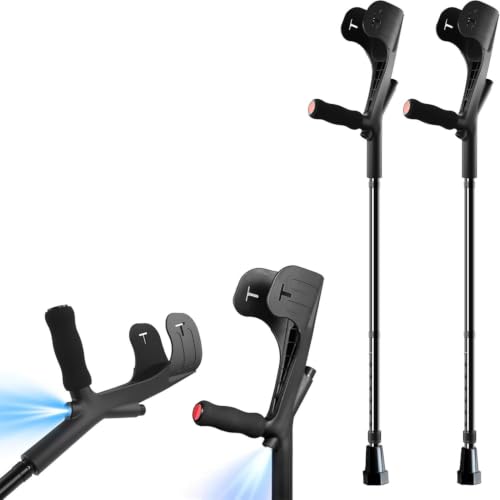 YOKABOZE 2 Pcs Forearm Crutch for Adults with Light, Foldable Lightweight and Adjustable with Handle Pads, Aluminum Crutches for Heavy Duty Work Walking (Black)