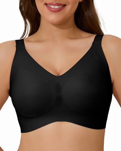 Airsong Minimizer Bras for Women Full Coverage Wireless Plus Size Seamless Bralette with Removable Pads Adjustable Comfort (34D, Black)