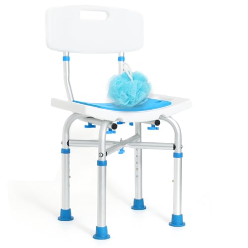 FSA/HSA Eligible Heavy Duty Shower Chair with Back 500lb, Shower Stool with Free Bath Loofah, Tool-Free Assembly Shower Seat for Bathtub, Shower Bath Chairs for Elderly/Disabled by DUALECO, Blue