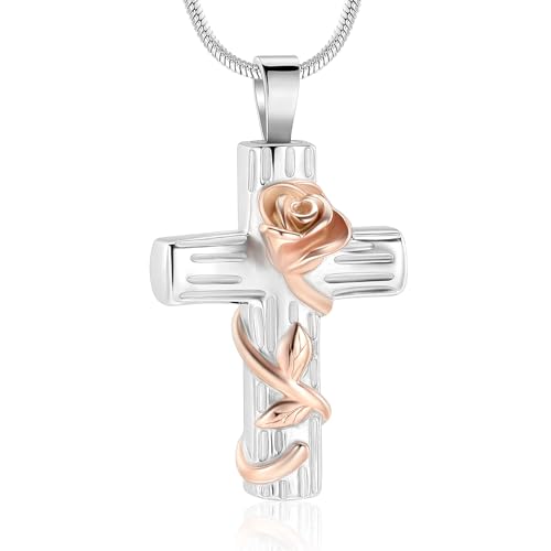Rose Flower Cremation Jewelry for Ashes Pendant - Rose Flower Cross Urn Necklace with Mini Keepsake Urn Memorial Ash Jewelry