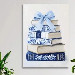 Décoration murale amoureux des livres aquarelle chinoiserie bleu 80x120cm