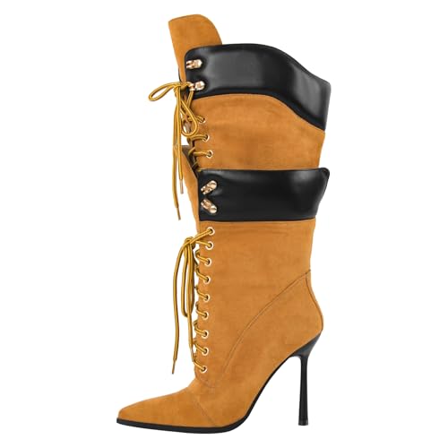 Richealnana Women's Double Lace Pointed Toe Stilettos Straps Up Strappy Knee High Boots