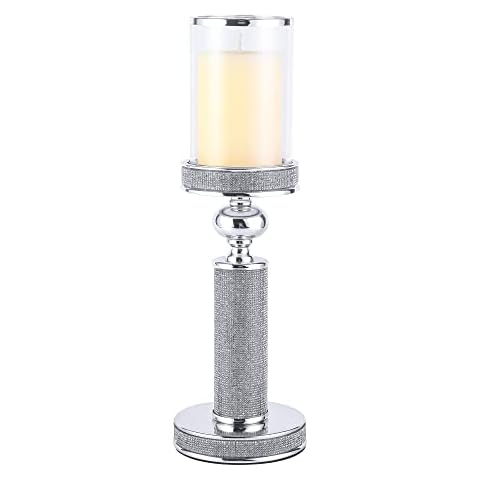 Hanjue Crystal Stones Metal Pillar Candle Holders, Crystal Candle Holder for Home Decor, Centerpieces, Coffee Dining Table CH0406 (Silver (M)) Cover