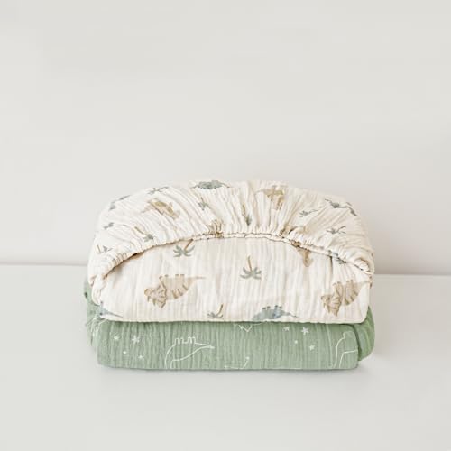 Image of Konssy Muslin Crib Sheets for Boys, Soft Cotton Neutral Baby Sheets for Standard Crib Mattress 2 Pack, 52 inchx28 inch (Dino Jungle,Sage Dino)