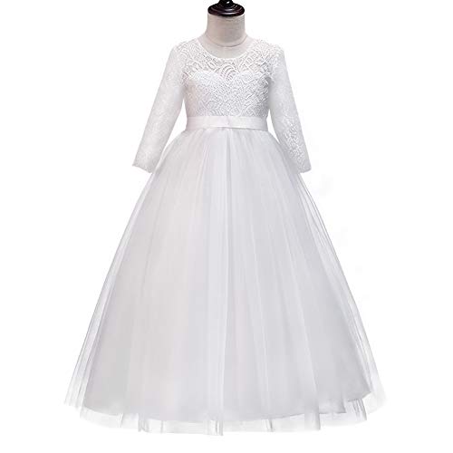 Flower Girl Dress Princess Pageant Long Lace Tulle Ball Gowns 3/4 Sleeves Wedding Bridesmaid Formal Party Dresses Little Baby Baptism Big Girls First Communion Prom Maxi Dress For Kids White 9-10Y #TOP1