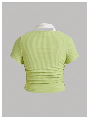 OYOANGLE Girl's Color Block Short Sleeve Halter T-Shirts Ribbed Knit Ruched 2 in 1 Tee Tops2