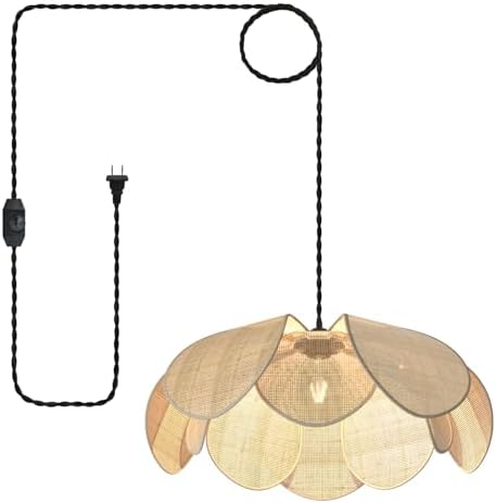 Plug in Pendant Light Rattan Hanging Lamp with Dimmable Switch,15ft Hemp Rope Cord Handwoven Boho Rattan Lampshade Hanging Light Fixture with Plug in Light Fixture forKitchen Island DiningRoom